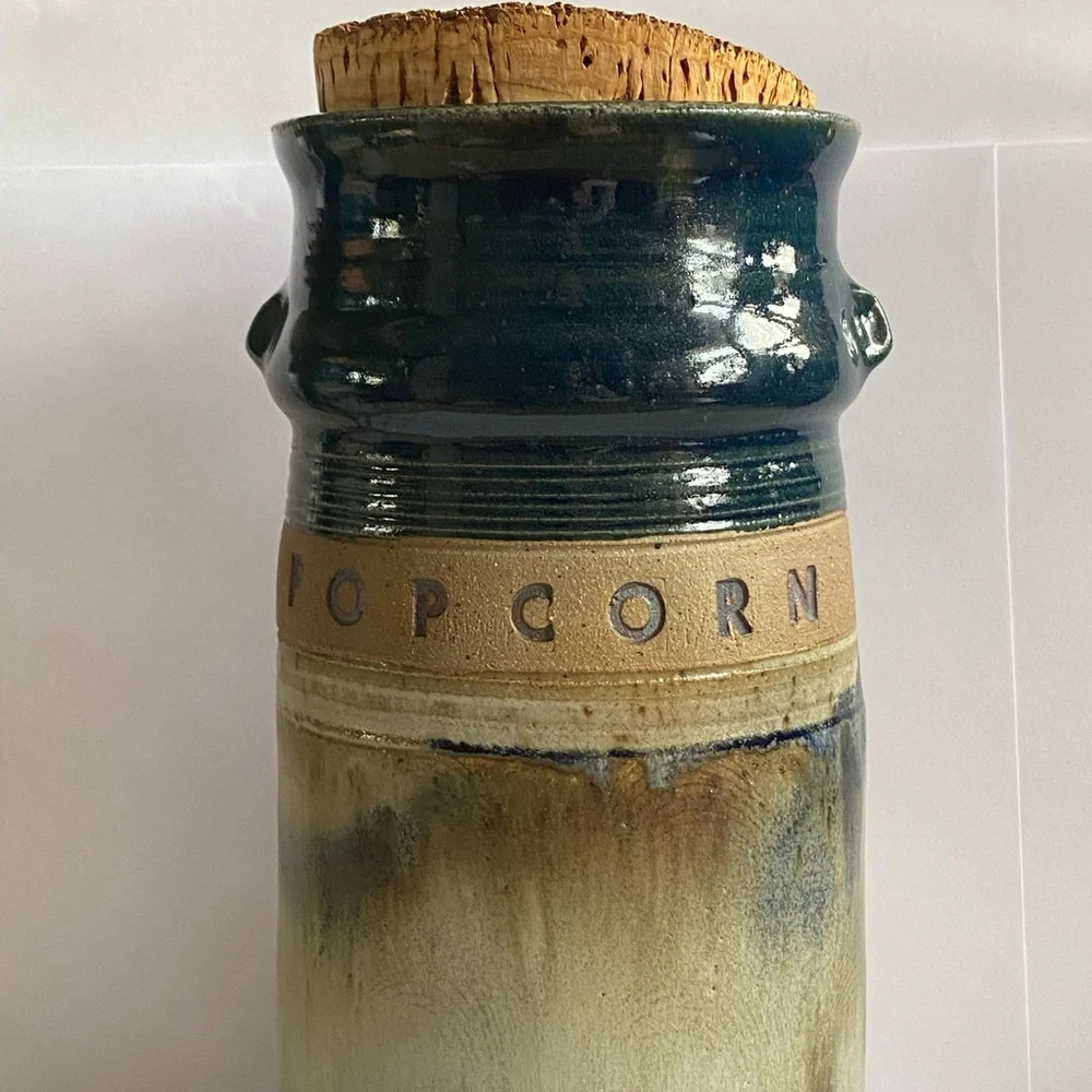 Hand Made 1989 Stoneware Pottery Container POPCORN Crock Signed Bob Huskins